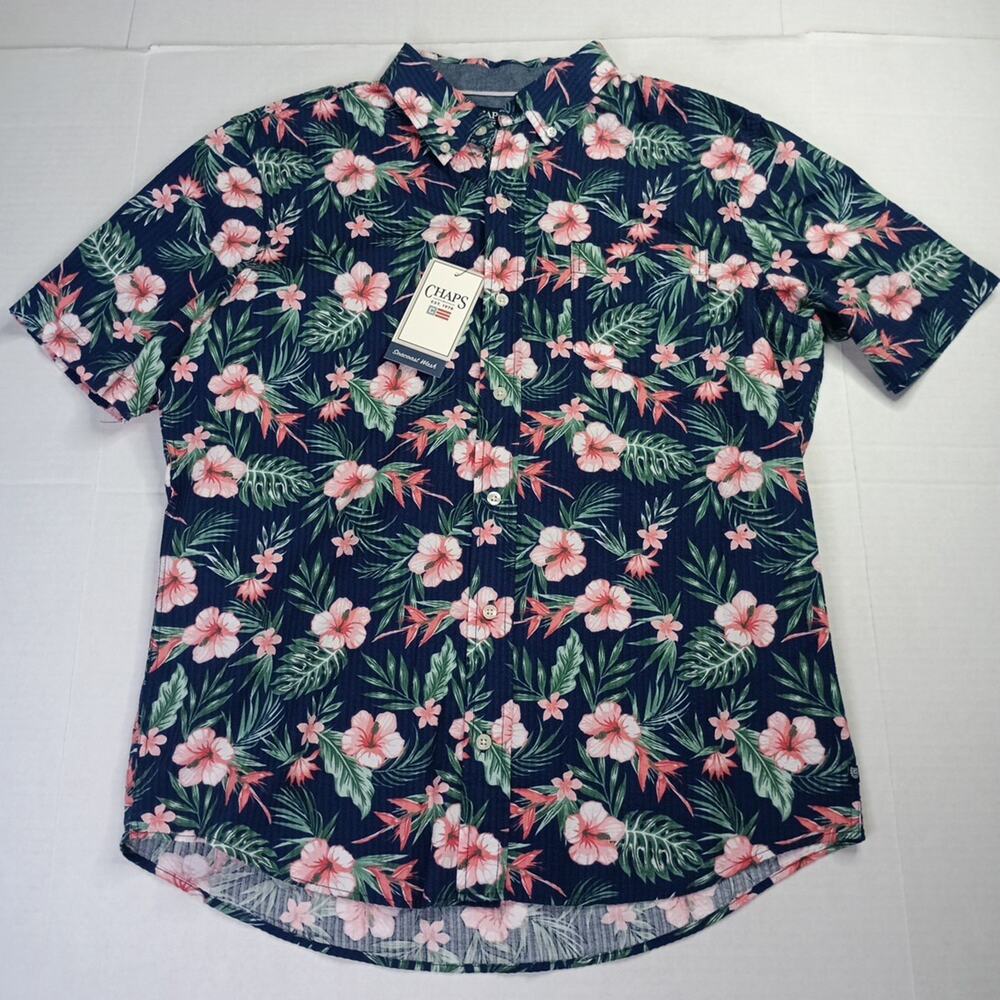 Chaps Floral‎ Seersucker Woven Shirt Men's M Nantucket Navy